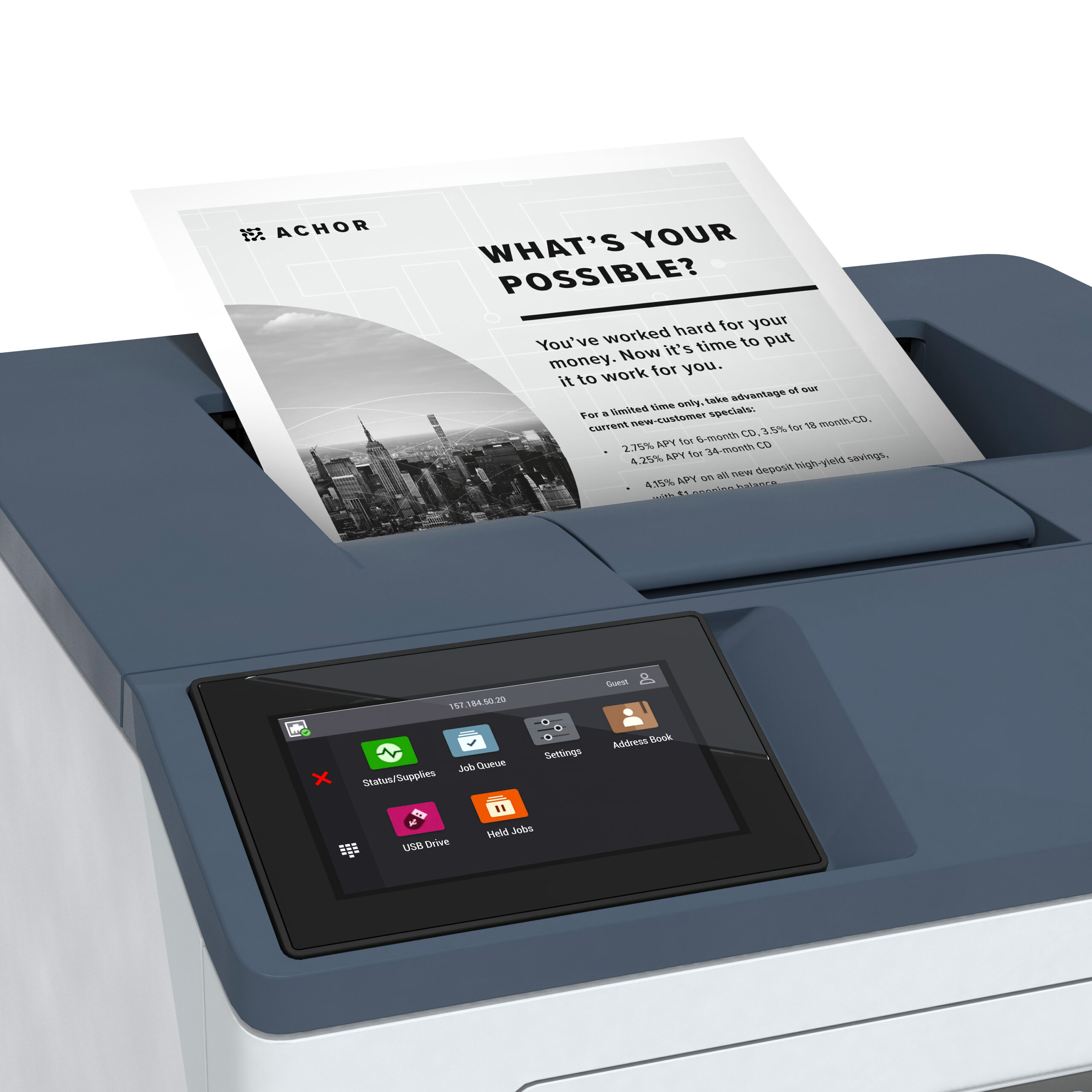 Xerox B410 Device shot with print sample ENUS